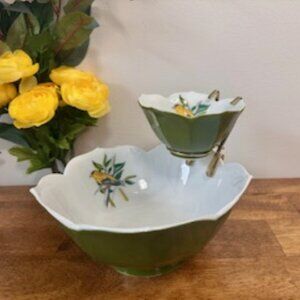 Vintage Japan Lotus Dip Bowl Set Bird Motif Olive Green Mid Century Serving Dish